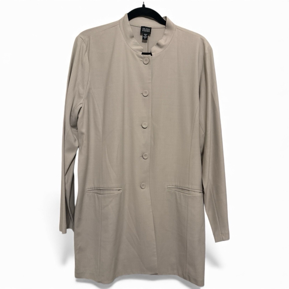 Eileen Fisher Button Up Long Wool Blend Jacket Size Large Minimalist Lightweight